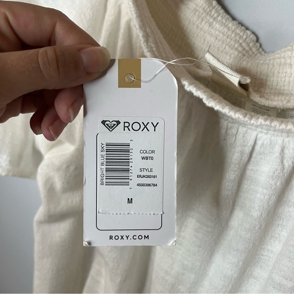 Roxy Bright Blue Sky Off The Shoulder White Cotton Knot Tie Mini Dress Sz M NWT - Picture 10 of 15